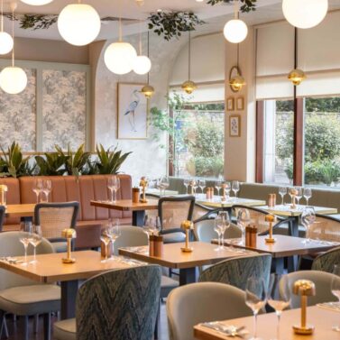 Elegant dining area with stylish decor, set for guests, green accents, and soft lighting.