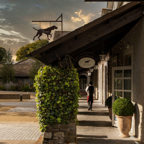 Stone hotel facade with a lush ivy plant and waiter walking under a sign saying "The Hound.