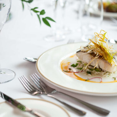 Elegant plated fish dish with garnish in a bright dining setting.