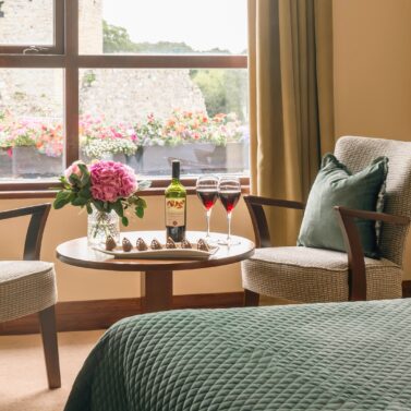 Cosy hotel room with two chairs, wine, and flowers by a window with countryside view.