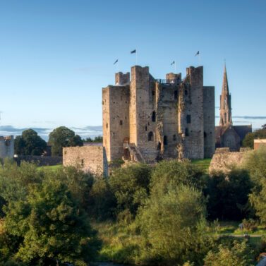 Expansive view of a historic castle and church amidst lush greenery at sunset.