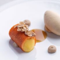 Elegant dessert with ice cream and a pastry roll garnished with delicate shavings on a white plate.